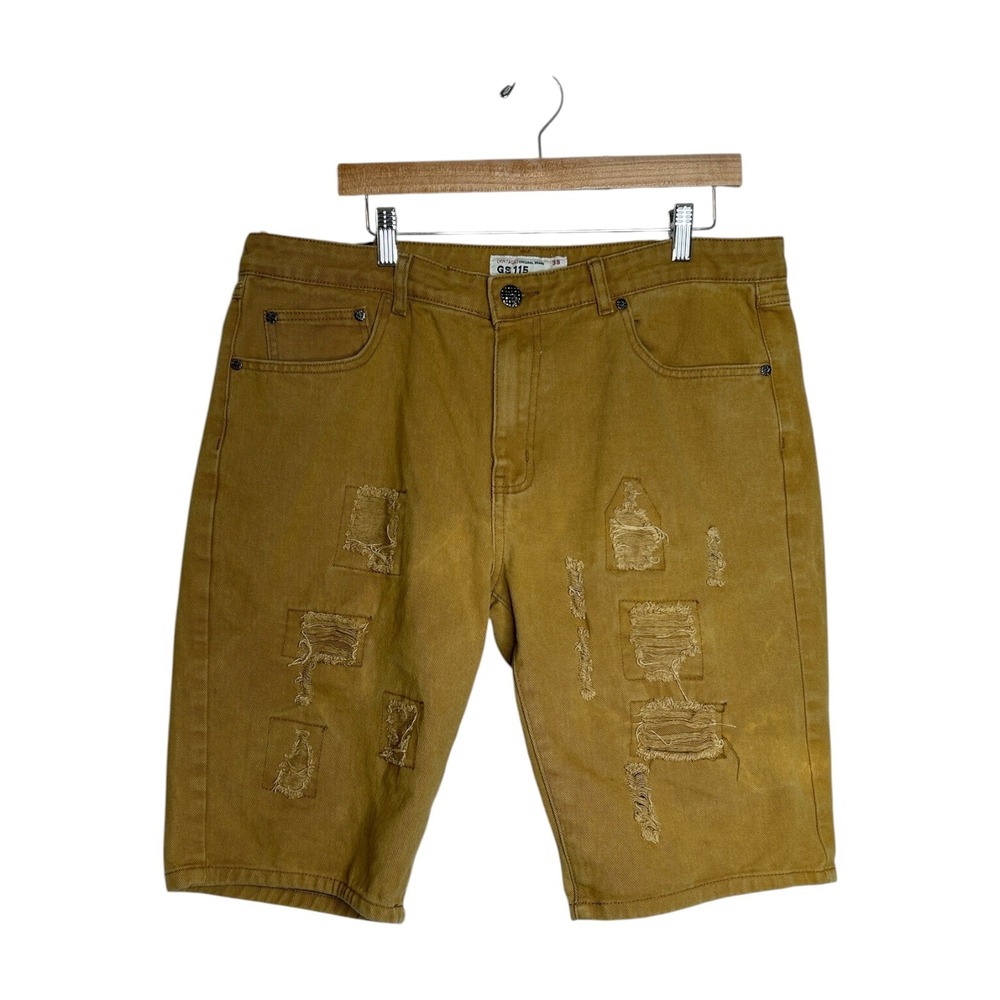 GS115 Vtg Men's Distressed Denim Shorts Beige Brown 38 Streetwear Y2K